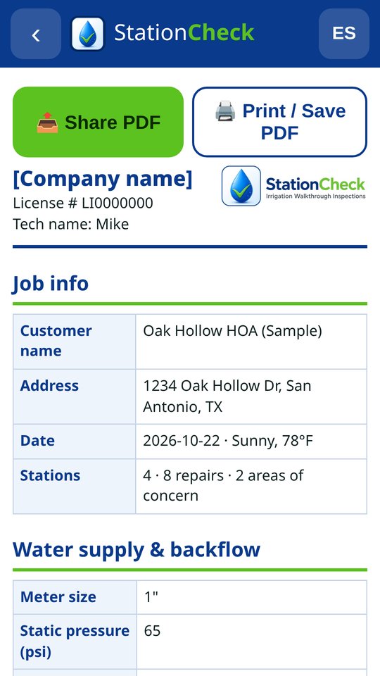 StationCheck app screen: The report